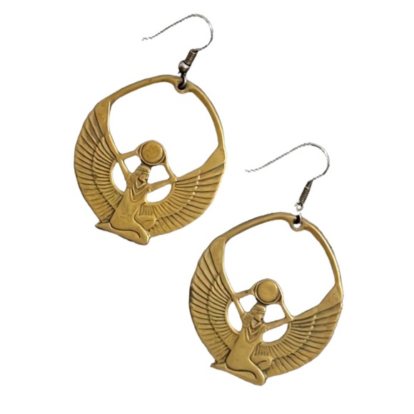 Vintage Art Deco Gold Brass Egyptian Goddess Eye Of Isis Deity Earrings - Picture 2 of 13